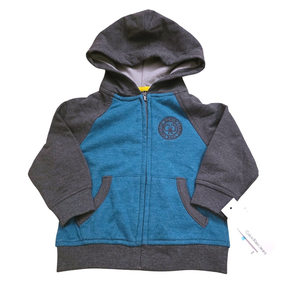 Calvin Klein Jeans Infant Boys Teal Grey Colorblock Zip Up Hoodie 6/9M NWT